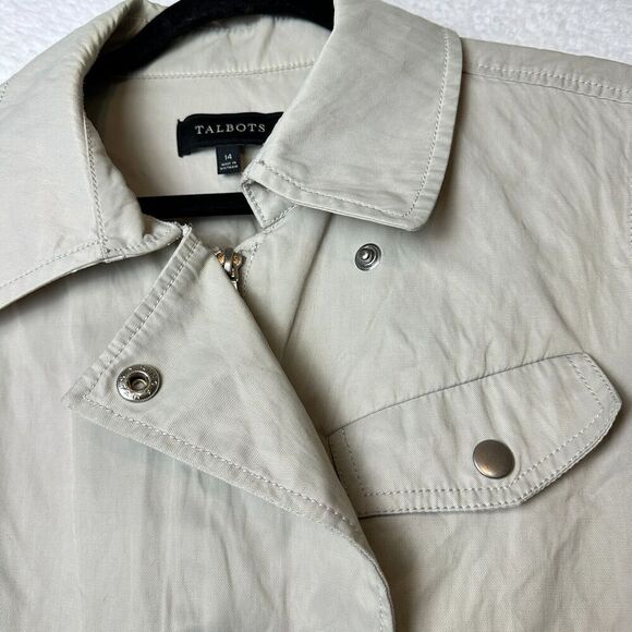 2/$30 Talbots Moto Jacket Asymmetrical Zip Size 14 Tan Neutral Cinch Waist - Picture 7 of 14